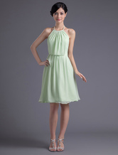 Short Bridesmaid Dress Pastel Green Party Dress Halter A line Chiffon Backless Prom Dress  