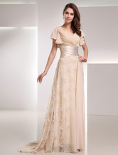 Champagne Evening Dress Sash Ruched Rhinestone Lace Chiffon Dress wedding guest dress