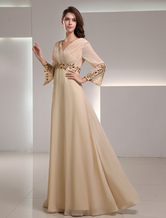 Brautmutterkleider A-Linie- Abendkleider für Hochzeit Chiffon Champagner 3/4 Ärmel V-Ausschnitt bodenlang mit Reißverschluss