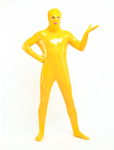 Costume de zentai jaune de combinaison de PVC yeux ouverts et bouche ouverte Déguisements Halloween