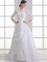 Elegant White V-Neck Lace Taffeta Wedding Gown For Bride