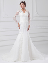 White Wedding Dress Mermaid Lace Zipper Applique Wedding Gown