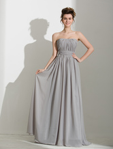 A-line Silver Chiffon Beading Strapless Floor-Length Prom Dress 