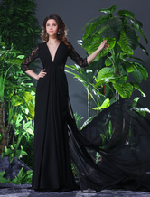 Robe de soirée A-ligne en chiffon noir avec dentelle col V à traîne Robes pour les invités de mariage Milanoo