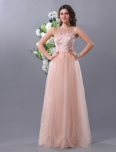 A-line Nude Jewel Neck Flower Tulle Prom Dress Milanoo