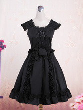 Classic Black Short Sleeves Bow Decorated Cotton Lolita One-Piece