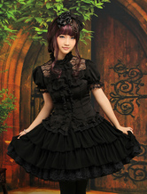 Готический черный слоистый короткими рукавами упругие шелка как атласные шифон Sweet Lolita наряды 