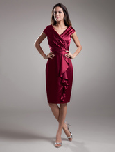 ワインレッドのカクテル ドレスのディープ V フリル サテン ドレス