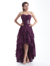 Grape Prom Dress High-Low Strapless Backless Beaded Chiffon Dress