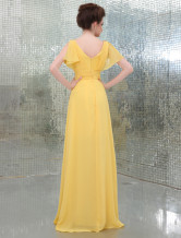 Earth Yellow V-Neck A-line Beading Rhinestone Chiffon Evening Dress