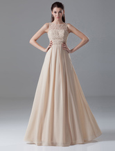 Champagne A-line Beading Jewel Chiffon Floor-Length Evening Dress wedding guest dress