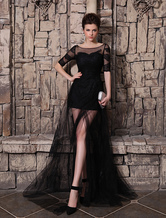 Black Evening Dress A-Line Tulle Front Split Half Sleeves Illusion Neckline Skirt Milanoo