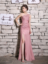 Elegante vestido de noite cor de rosa um ombro bordado bainha sem mangas Milanoo