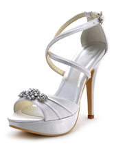 Zapatos de novia de seda y satén Zapatos de Fiesta de tacón de stiletto Zapatos blanco Zapatos de boda de puntera abierta 12.5cm con hebilla 1.5cm