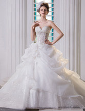 Ivory Princess Ball Gown Wedding Dress Strapless Sweetheart Neckline Lace Organza Bridal Gown Free Customization