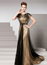 Vestido de paetês de ouro jóia pescoço mangas curtas bainha fosco acetinado feminino 