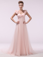 Peach Prom Dresses 2024 Long Chiffon 3D Flowers Evening Dress Empire Twisted Floor Length Party Dress With Train Wedding Guest Dress Milanoo wedding guest dress