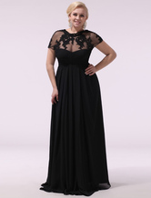 Black Plus Size Evening Dress 2024 Chiffon Lace Applique Illusion Short Sleeves Floor Length Wedding Guest Dress Free Customization