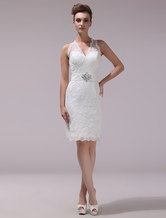 White Wedding Dress V Neckline Lace Knee Length Short Bridal Dress Free Customization
