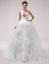 Ivory Ball Gown V-Neck Ruched Tulle Chapel Train Wedding Dress Milanoo