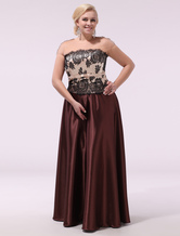 Plus Size Prom Dresses Strapless Long Formal Dress Dark Brown Lace Satin Floor Length Evening Dress Milanoo