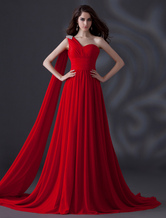 Red One-Shoulder Rhinestone Lace Up Chiffon Evening Dress Wedding Guest Dress Free Customization