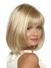 Frauenhaar-Künstliche Damen Perücke 2024 Blonde Schönheit Make-up geschichtete stumpfe Franse gerade Schulter Länge Perücke synthetische Perücken