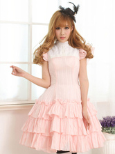 Rosa de algodão Lolita uma peça vestido em camadas babados rendas acima
