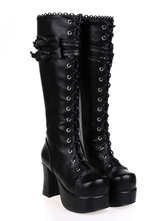 Lolitashow Gothic Black Lolita Chunky Heels Boots Platform Shoelace Bows