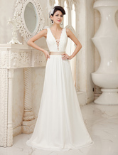 Ivory Wedding Dresses A Line V Neck Sash Floor Length Beach Summer Bridal Dress Milanoo