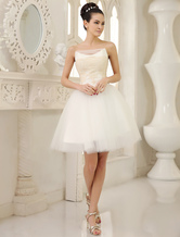 Simple Wedding Dresses Ivory A Line Strapless Lace Knee Length Tulle Wedding Reception Dress Milanoo