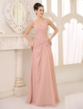 Blush Pink Vestido de dama de honra Chiffon Ruched Long Vestido Prom Vestido V Neck Sleeveless Vestido de festa de casamento com piso de banho plissado