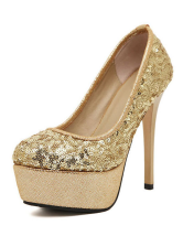 round toe gold pumps