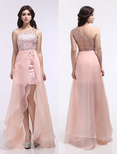 Peach Evening Dress Illusion Rhinestone Beaded Prom Dress Organza One Shoulder Asymmetrical Floor Length Party Dress