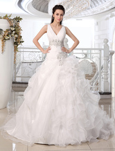 Wedding Dresses Princess Ball Gown Bridal Dress V Neck Organza Ruffles Tiered Beading Pleated Court Train Wedding Gown