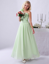 Junior Bridesmaid Dresses Light Green One Shoulder Flowers Chiffon Long Flower Girl Dress