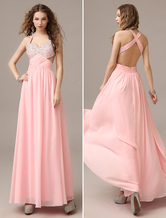 Pink Prom Dresses 2024 Long Chiffon Beading Party Dress Sweetheart Halter Backless Floor Length Evening Dress
