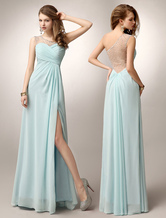 Prom Dresses Long Mint Green One Shoulder High Split Beaded Formal Party Dress Free Customization