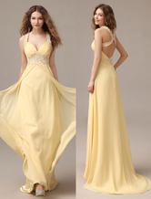 Prom Dresses Long Chiffon Daffodil Applique Beaded Evening Gown Back Design Sleeveless Formal Party Dresses With Train