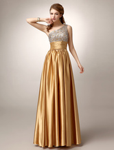 ゴールド ワンショルダー プリーツ サテンのウェディング ドレス