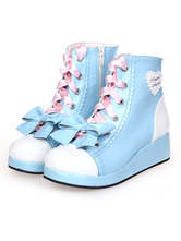 Sweet Lolita Shoes Синие ботинки на танкетке на шнуровке с бантом и молнией Лолита