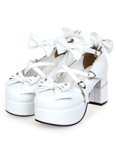 Zapatos Lolita Blancos Tacones Gruesos Tacón Cuadrado Tirantes de Tobillo Lazos Hebilla