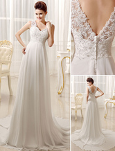 Ivory Lace Beach Wedding Dress Chiffon Beading V Neckline Court Train Bridal Gown Free Customization