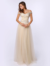 Champagne Tulle A-line Prom Dress with Sleeveless Rhinestone 