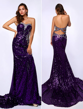 Sexy Evening Dress Mermaid Sequined Party Dress Sweetheart Back Detail Lavender Prom Dress With Court Train