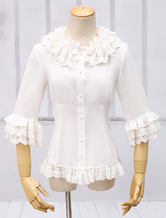 White Chiffon Lolita Blouse Middle Sleeves Ruffles Lace Trim