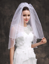 White Two-Tier Classic Edge Pearls Bridal Wedding Veil