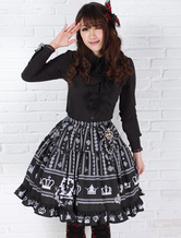 Elegant Black Polyester Lolita Skirt Sweet Printed Ruffles Trim