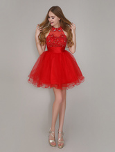 Mini robe belle de rentrée en tulle rouge de col à revers avec applique 