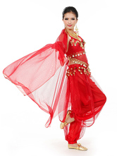 ベリーダンス衣装　コスチューム　シフォン アラビアン 衣装　女性用　レッド　ボリウッド　ダンスドレス　スカーフ付き　